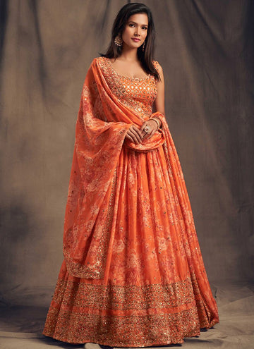 Orange Color Sequence Embroidered Khadi Organza Lehenga